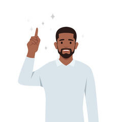Young man with positive emotions and gesturing concept. Pointing up of idea. Flat vector illustration isolated on white background