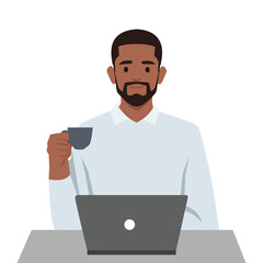 Young man entrepreneur in a suit working on a laptop computer at his desk holding coffee cup. Flat vector illustration isolated on white background