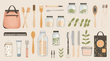 Collection of Zero Waste durable and reusable items or products - glass jars, eco grocery bags, wooden cutlery, comb, toothbrush and brushes, thermo mug