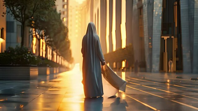 Woman in a hijab walking down a city sidewalk at sunset. The concept of modern life.