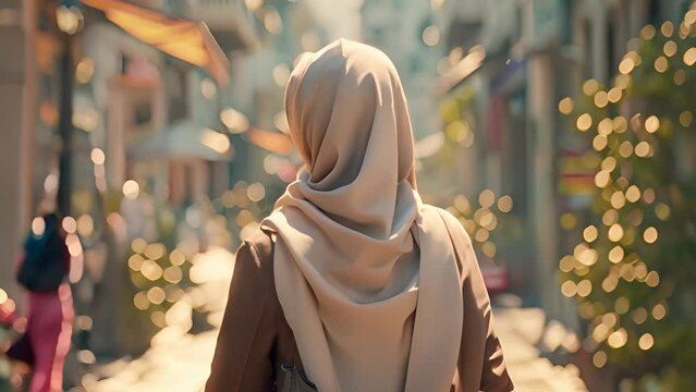 Muslim woman in a hijab standing with her back to the camera in an urban setting with a blurred background adorned with festive lights. The concept of urbanism and cultural diversity.