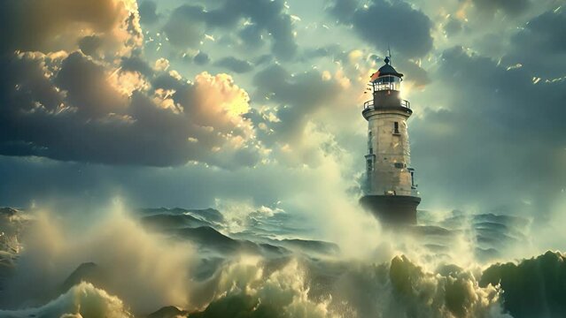 Lighthouse against a raging sea and stormy clouds in the light of sunset. The concept of bravery and hope in the face of natural trials.