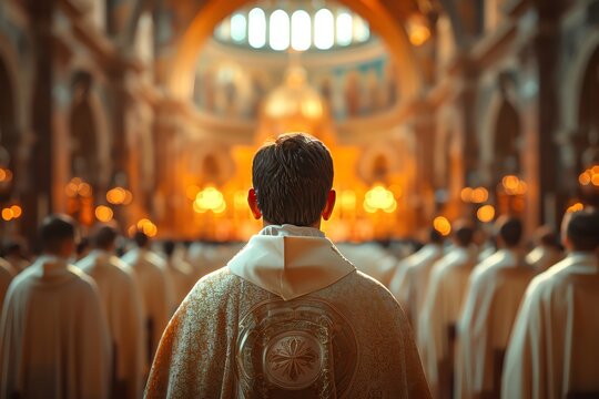 Ordination ceremony in a grand basilica, where new priests feel the weight and empowerment of apostolic succession