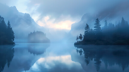 Mountain range disappearing into mist, revealing a tranquil lake nestled beneath, a serene landscape blending ethereal beauty with earthly tranquility, capturing nature's majestic allure and serene am - obrazy, fototapety, plakaty