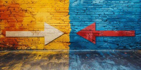 Arrow Painted on Brick Wall Next to Another Painted Brick Wall. Generative AI