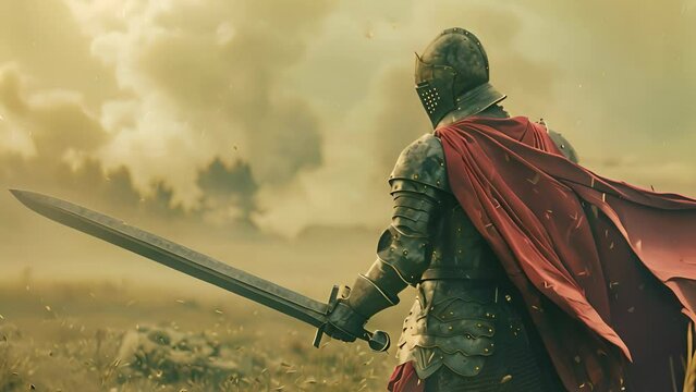 Knight in armor with a red cape stands in a field, looking into the distance. The concept of courage and contemplation.