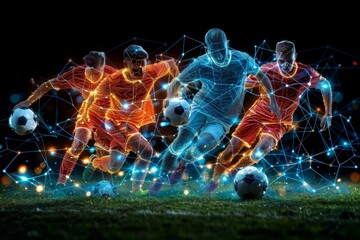 Dynamic glowing soccer players with the ball on a dark background