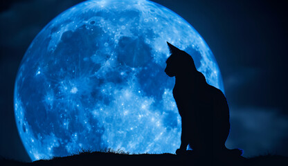 Silhouette of a cat against a blue full moon at night	

