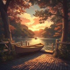 Peaceful Waterscape with Wooden Boat and Dock