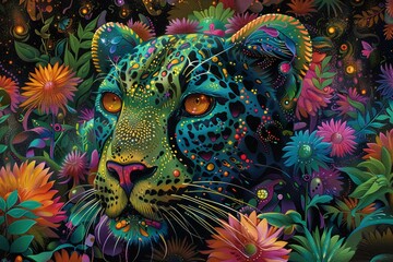 Colorful leopard in the style of psychedelic painting