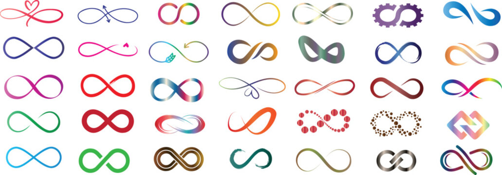 Infinity symbols collection, versatile infinity vector, infinity icon for branding, logos. Colorful, abstract designs, Variety in style, endlessness concept visually represented