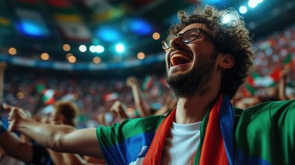 A happy fan at a public event in a stadium, holding an Italian flag with a smile and making a gesture, while enjoying the fun and leisure with a cheering crowd. AIG41