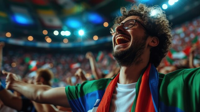 A happy fan at a public event in a stadium, holding an Italian flag with a smile and making a gesture, while enjoying the fun and leisure with a cheering crowd. AIG41 - Powered by Adobe