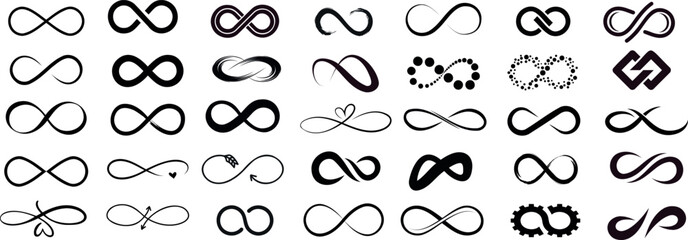 Infinity symbols collection, black infinity vector illustrations on white background. Perfect for logo design, branding, and mathematical representation. Various styles, from classic to artistic