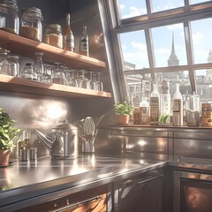 A Sunny, Spacious, and Sparkling Kitchen with a Stylish Abstract Design, Perfect for Indulging in Culinary Creations - obrazy, fototapety, plakaty
