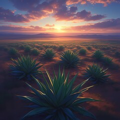 Mesmerizing Dusk over Desert Oasis with Sisal Plants and Mountains in Background - obrazy, fototapety, plakaty
