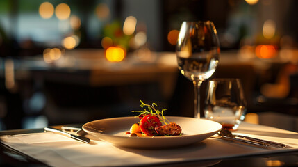 Artistically served gourmet dish in a high-class restaurant, focus on the details of the dish presentation, soft and appealing lighting, food photography style - obrazy, fototapety, plakaty