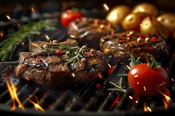 Succulent Beef Steaks Grilling with Fresh Rosemary, Garlic, Tomatoes, and Potatoes Amidst Dancing Flames