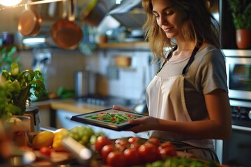 Woman Skillfully Prepares Healthy Meal in Modern Kitchen, Following Online Recipe on Tablet