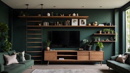 A ladder is located in the back of the TV cabinet in the living room, which is set against a dark green wall. - obrazy, fototapety, plakaty