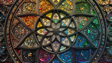 Geometric rainbow mosaics form a harmonious, kaleidoscopic circle.