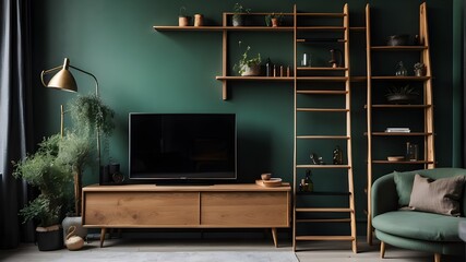 A ladder is located in the back of the TV cabinet in the living room, which is set against a dark green wall.