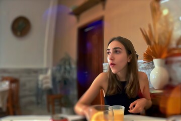 A beautiful young woman in a cafe