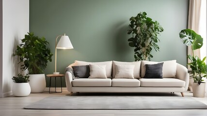 Interior of a modern living room with a sofa, green plants, a lamp, and a table against a white wall