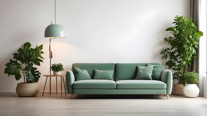 Interior of a modern living room with a sofa, green plants, a lamp, and a table against a white wall