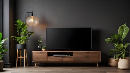 TV cabinet in a vacant interior space; dark wall with wooden shelf; lamp; plants; and wooden table.