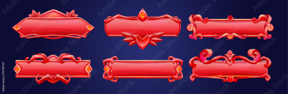 Poster red ui button frame for fantasy game banner vector. medieval title bar element set. play interface w