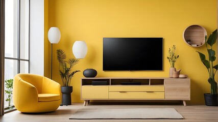 LED TV in living room with yellow wall background, seat, and cabinet