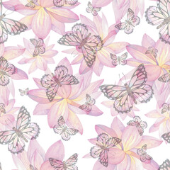 Delicate pink butterflies and lotus flowers against a white background. Watercolor illustration. Seamless pattern. For the design of fabric, textiles, wallpaper, packaging