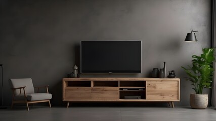 TV cabinet mockup on a dark concrete wall in the living room - obrazy, fototapety, plakaty