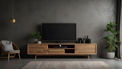 TV cabinet mockup on a dark concrete wall in the living room