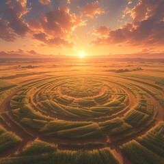 Spectacular sunrise illuminates expansive wheat field, showcasing the beauty of nature and agriculture.