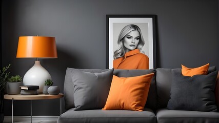 With a poster and other decorations, an orange pillow sits on a dark grey sofa in a contemporary apartment.