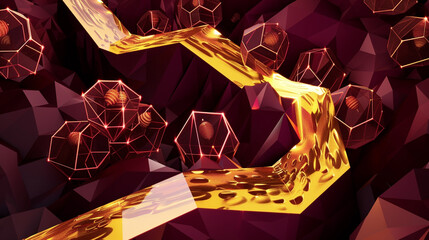 Honey in 3D undulates through burgundy hives, where nature's nectar meets abstract artistry. - obrazy, fototapety, plakaty