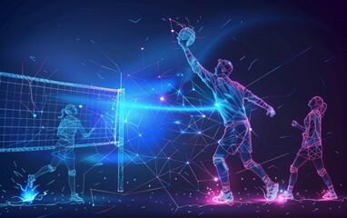Abstract silhouette of volleyball game on blue background. Volleyball player hits the ball. Vector illustration
