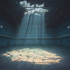 Eerie Abandonment - An Empty Stage with Sunlight Filtering Through Cracks in the Roof - obrazy, fototapety, plakaty