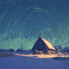 Warm and Cozy Rural Farmhouse in the Snow Under a Starlit Sky