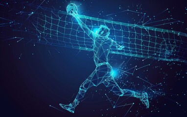 Abstract silhouette of volleyball game on blue background. Volleyball player hits the ball. Vector illustration