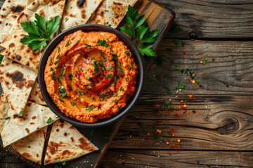 Red pepper hummus with pita bread on wooden surface top view