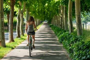 Woman cycles on tree-lined path - Powered by Adobe