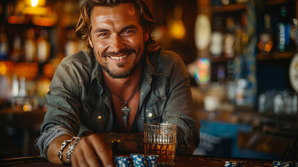 Man sitting at table playing poker with poker cards and chips visible drinking whisky smiling,generative ai