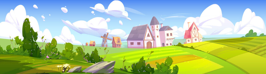 Countryside farm field and house vector background. Rural village scene with green farmland, summer grass hill and beautiful valley scenery. Plantation, windmill, bush and country exterior design - obrazy, fototapety, plakaty