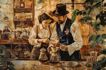 Craft work couple with the process of brewing coffee, from grinding the beans to pouring the aromatic beverage into a cup for business and workshop