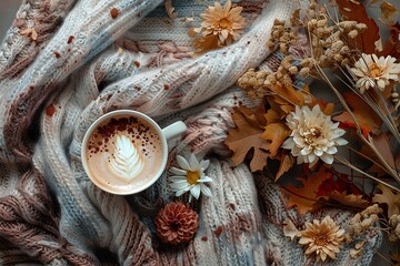 A cup of coffee on a blanket with flowers and leaves around it and a mug of coffee on the table