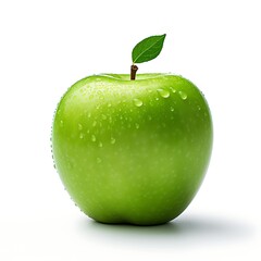 Fresh green apple with leaf on white background
