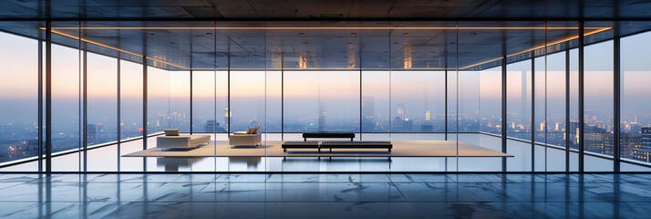 Modern Office with Panoramic Cityscape View at Twilight, Sleek Design and Bright Interior in a Contemporary Business Setting